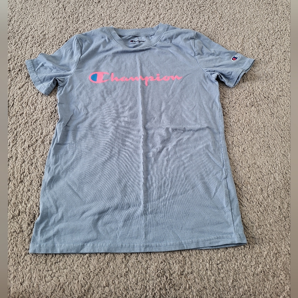 Champion Kids Short Sleeve Tee Light Blue with Pink Logo
